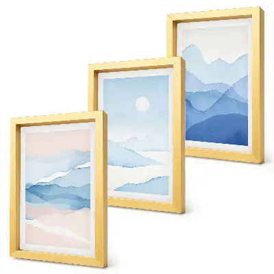 Fotowand mit aquarellierten blauen und rosa Berglandschaften