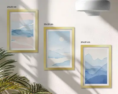 Fotowand mit aquarellierten blauen und rosa Berglandschaften
