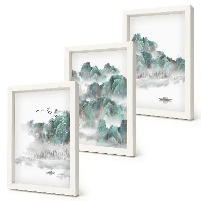 Bilderset mit Rahmen Berge in den Wolken mit Vögeln und einem Boot auf dem Wasser im Japandi-Stil