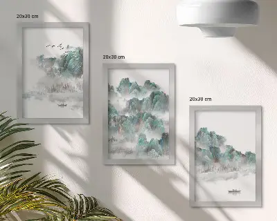 Bilderset mit Rahmen Berge in den Wolken mit Vögeln und einem Boot auf dem Wasser im Japandi-Stil