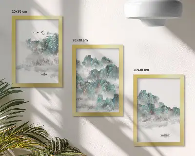 Bilderset mit Rahmen Berge in den Wolken mit Vögeln und einem Boot auf dem Wasser im Japandi-Stil