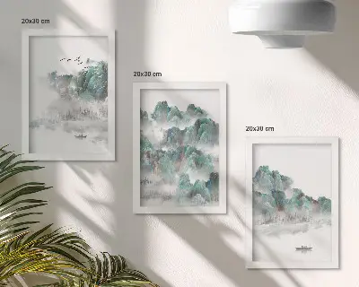 Bilderset mit Rahmen Berge in den Wolken mit Vögeln und einem Boot auf dem Wasser im Japandi-Stil