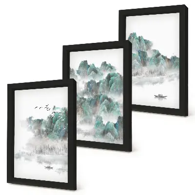 Bilderset mit Rahmen Berge in den Wolken mit Vögeln und einem Boot auf dem Wasser im Japandi-Stil
