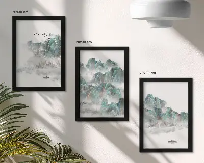 Bilderset mit Rahmen Berge in den Wolken mit Vögeln und einem Boot auf dem Wasser im Japandi-Stil