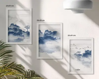 Fotowand mit Wolkenbergen, Bäumen und Vögeln im Hintergrund