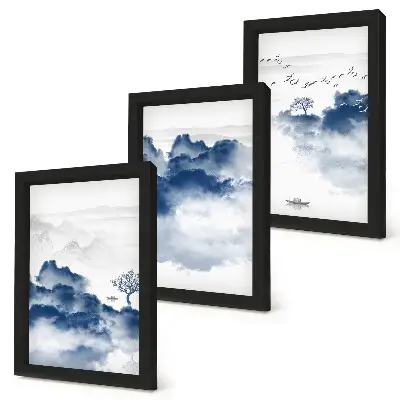 Fotowand mit Wolkenbergen, Bäumen und Vögeln im Hintergrund