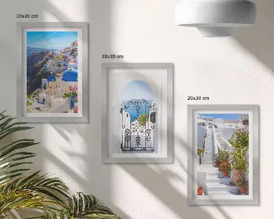Bilderwand mit Ansichten der griechischen Architektur von Oia auf Santorin