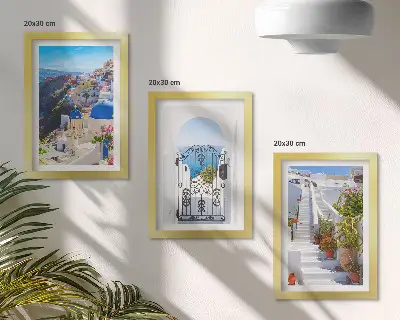 Bilderwand mit Ansichten der griechischen Architektur von Oia auf Santorin
