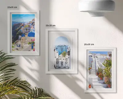 Bilderwand mit Ansichten der griechischen Architektur von Oia auf Santorin