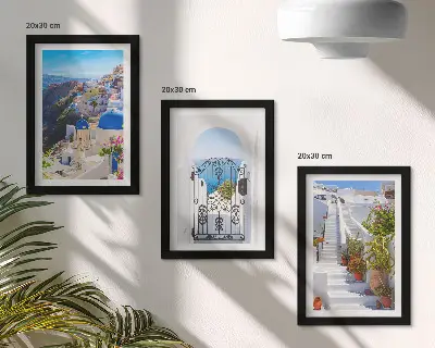 Bilderwand mit Ansichten der griechischen Architektur von Oia auf Santorin