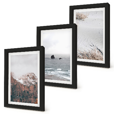 Bilderset mit rahmen Berge, Wolken, Meer und Sand in natürlichen Farbtönen