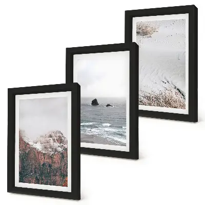 Bilderset mit Rahmen mit Motiven von Bergen, Wolken, Meer und Sand in natürlichen Farbtönen