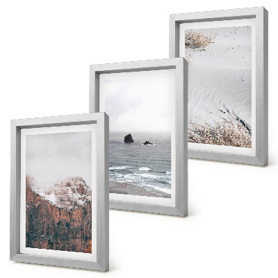 Bilderset mit rahmen Berge, Wolken, Meer und Sand in natürlichen Farbtönen