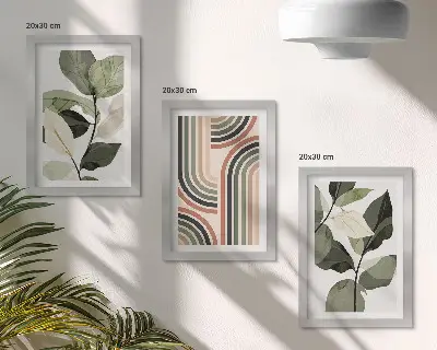 Fotowand mit Pflanzenmotiven und geometrischen Mustern in Grüntönen