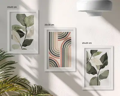 Fotowand mit Pflanzenmotiven und geometrischen Mustern in Grüntönen