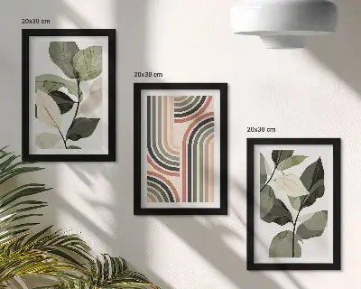 Fotowand mit Pflanzenmotiven und geometrischen Mustern in Grüntönen