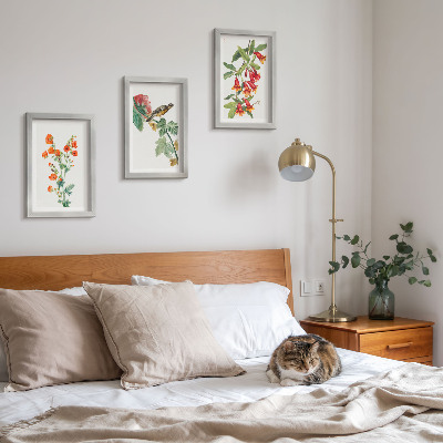 Bilderset mit rahmen Gemalte Retro-Blumen und ein Vogel auf einem Ast