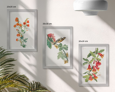 Bilderset mit rahmen Gemalte Retro-Blumen und ein Vogel auf einem Ast