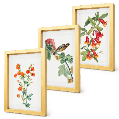 Bilderset mit rahmen Gemalte Retro-Blumen und ein Vogel auf einem Ast