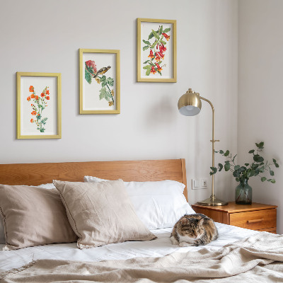 Bilderset mit rahmen Gemalte Retro-Blumen und ein Vogel auf einem Ast