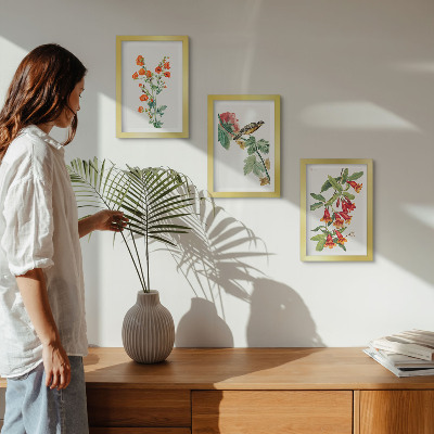 Bilderset mit rahmen Gemalte Retro-Blumen und ein Vogel auf einem Ast