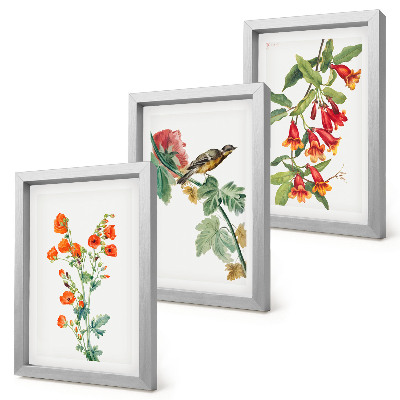 Bilderset mit rahmen Gemalte Retro-Blumen und ein Vogel auf einem Ast