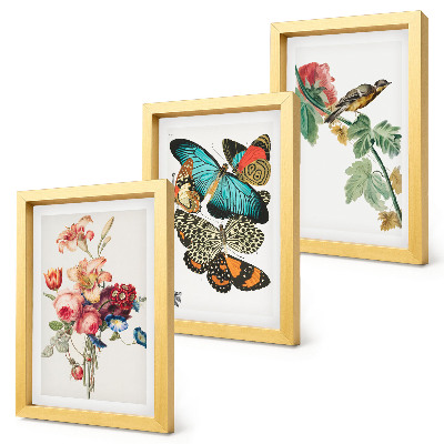 Bilderset mit rahmen Blumen, Schmetterlinge und ein Vogel in Pastelltönen