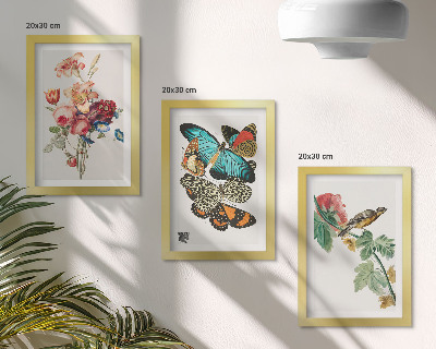 Bilderset mit rahmen Blumen, Schmetterlinge und ein Vogel in Pastelltönen