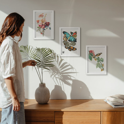 Bilderset mit rahmen Blumen, Schmetterlinge und ein Vogel in Pastelltönen