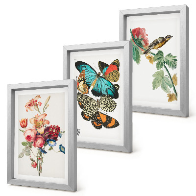 Bilderset mit rahmen Blumen, Schmetterlinge und ein Vogel in Pastelltönen