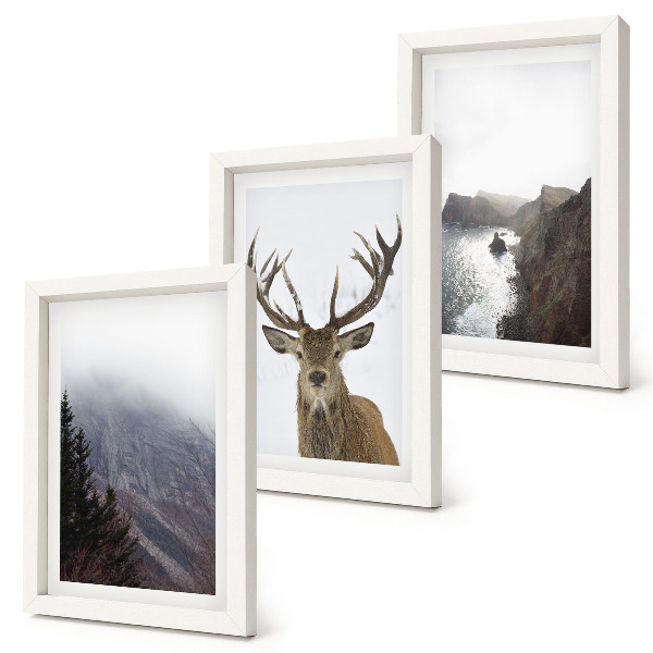 Fotowand Berglandschaft mit Nebel, Wasser und Hirschen