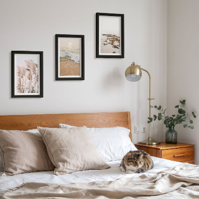 Bilderset mit rahmen Strandgras, Wellen und Kieselsteine ​​am Meer – Boho-Stil