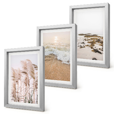 Bilderset mit rahmen Strandgras, Wellen und Kieselsteine ​​am Meer – Boho-Stil