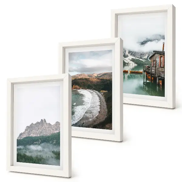Fotowand mit Berglandschaften, Strand und Holzhaus