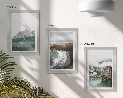 Fotowand mit Berglandschaften, Strand und Holzhaus