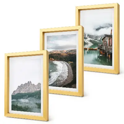 Fotowand mit Berglandschaften, Strand und Holzhaus