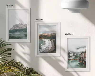 Fotowand mit Berglandschaften, Strand und Holzhaus