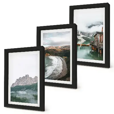 Fotowand mit Berglandschaften, Strand und Holzhaus