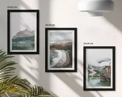 Fotowand mit Berglandschaften, Strand und Holzhaus