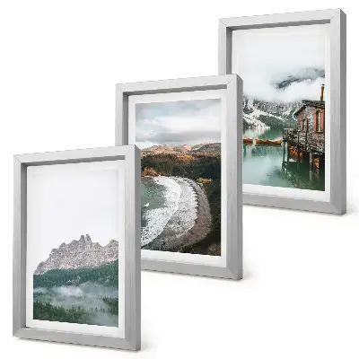 Fotowand mit Berglandschaften, Strand und Holzhaus