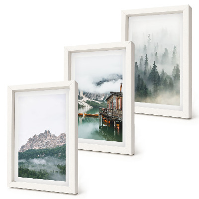 Fotowand Berge, See, Hütte und Nebel im Wald