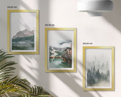Fotowand Berge, See, Hütte und Nebel im Wald