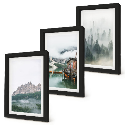 Fotowand Berge, See, Hütte und Nebel im Wald