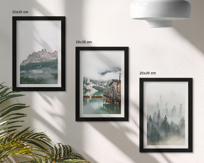 Fotowand Berge, See, Hütte und Nebel im Wald