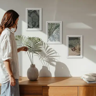 Bilderwand mit tropischen Pflanzen und sommerlichen Urlaubsakzenten