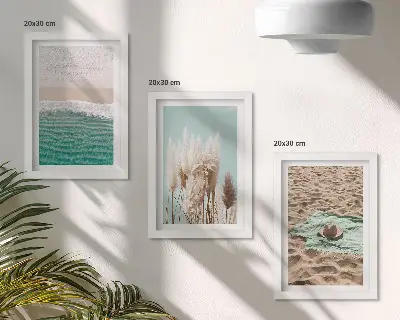 Fotowand mit Motiv von Strandwellen, Gras, Hut und Sand zur Entspannung in der Natur