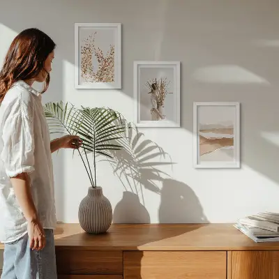Bilderwand mit Pflanzenmotiven im abstrakten und rustikalen Boho-Stil