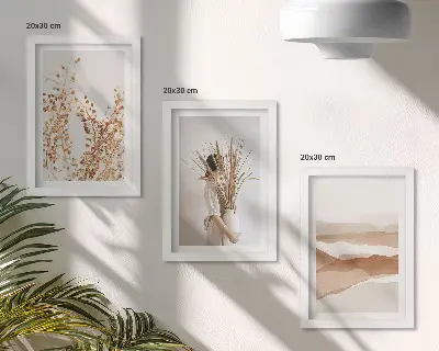 Bilderwand mit Pflanzenmotiven im abstrakten und rustikalen Boho-Stil