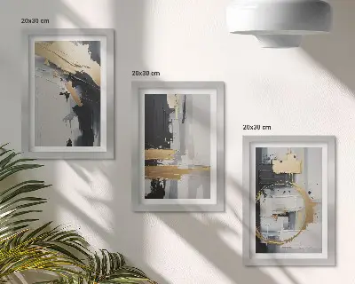 Bilderwand mit abstrakten Gemäldekompositionen in Schwarzweiß