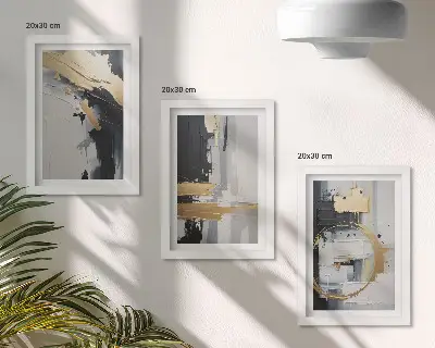 Bilderwand mit abstrakten Gemäldekompositionen in Schwarzweiß